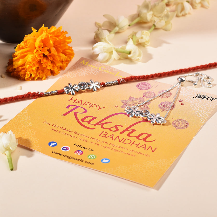Zircon Twin Flower Silver Rakhi & Bracelet Combo