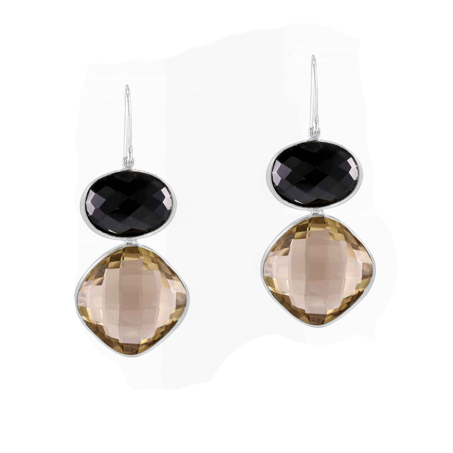 Natural Black Onyx & Citrine Gemstone 925 Silver Earrings