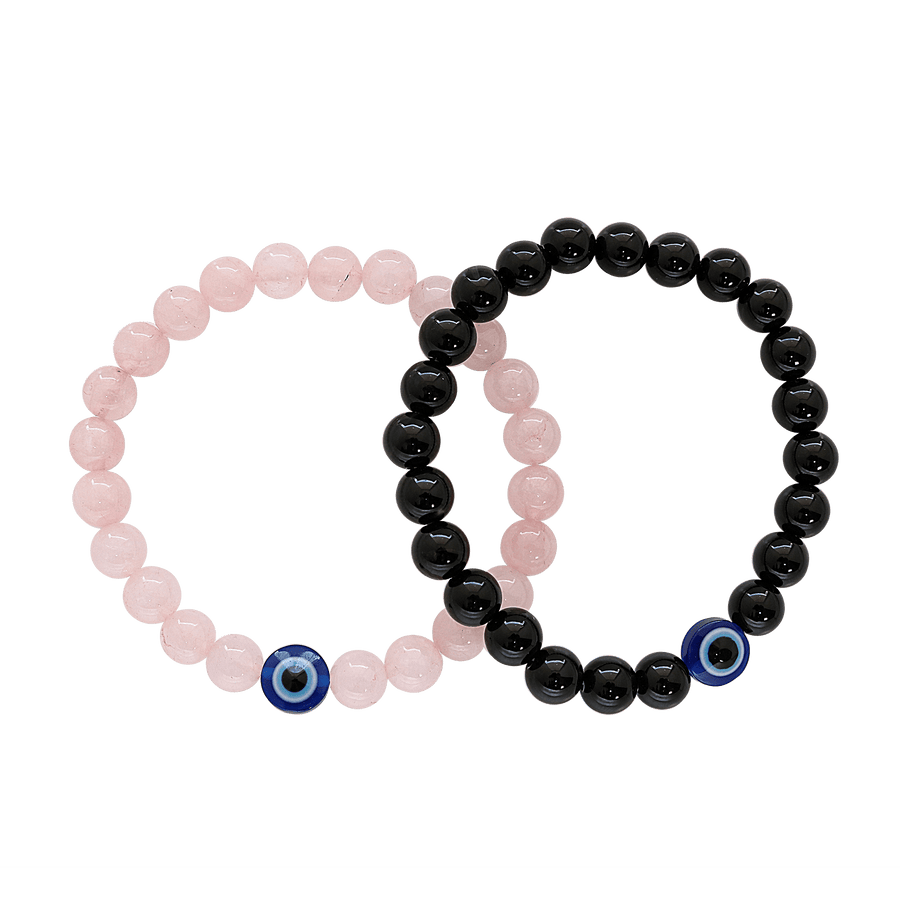 Natural Rose quartz And Black Onyx Evil Eye Beads Bracelet