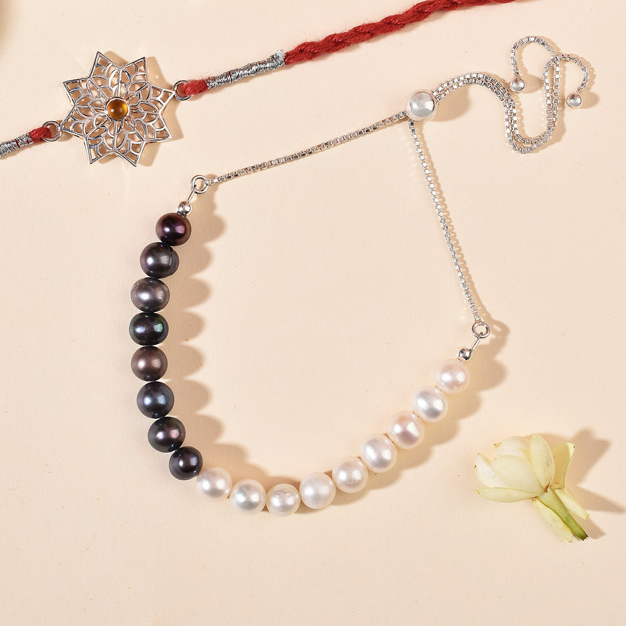 Ethereal Rakhi & Dual Pearl Bracelet Bhaiya Bhabhi Combo Pack