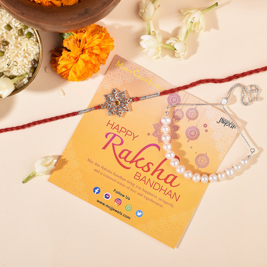 Ethereal Rakhi & Pearl Bracelet Bhaiya Bhabhi Combo Pack