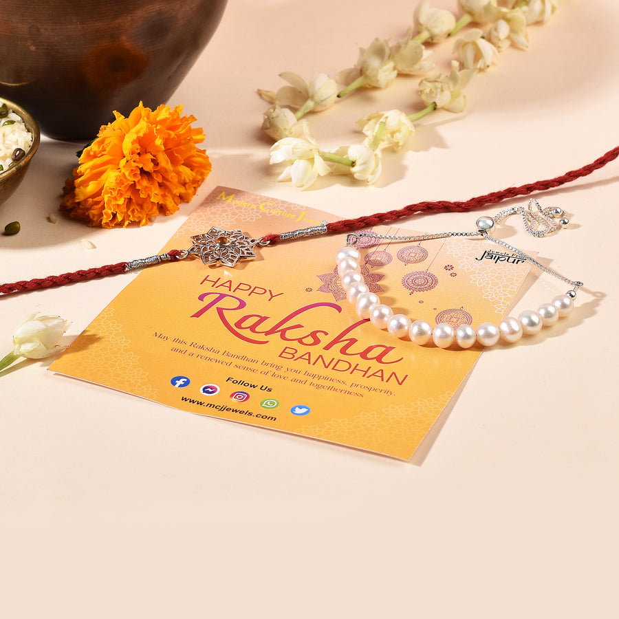 Ethereal Rakhi & Pearl Bracelet Bhaiya Bhabhi Combo Pack