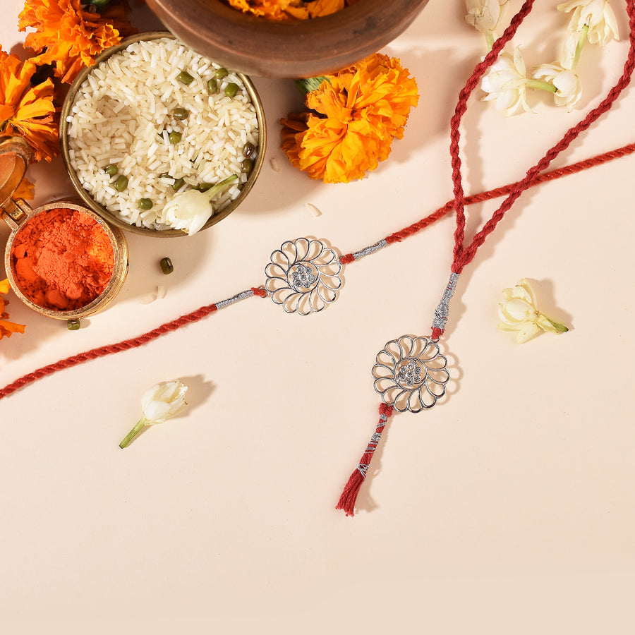 Zirconia Daisy Silver Rakhi & Bracelet Combo