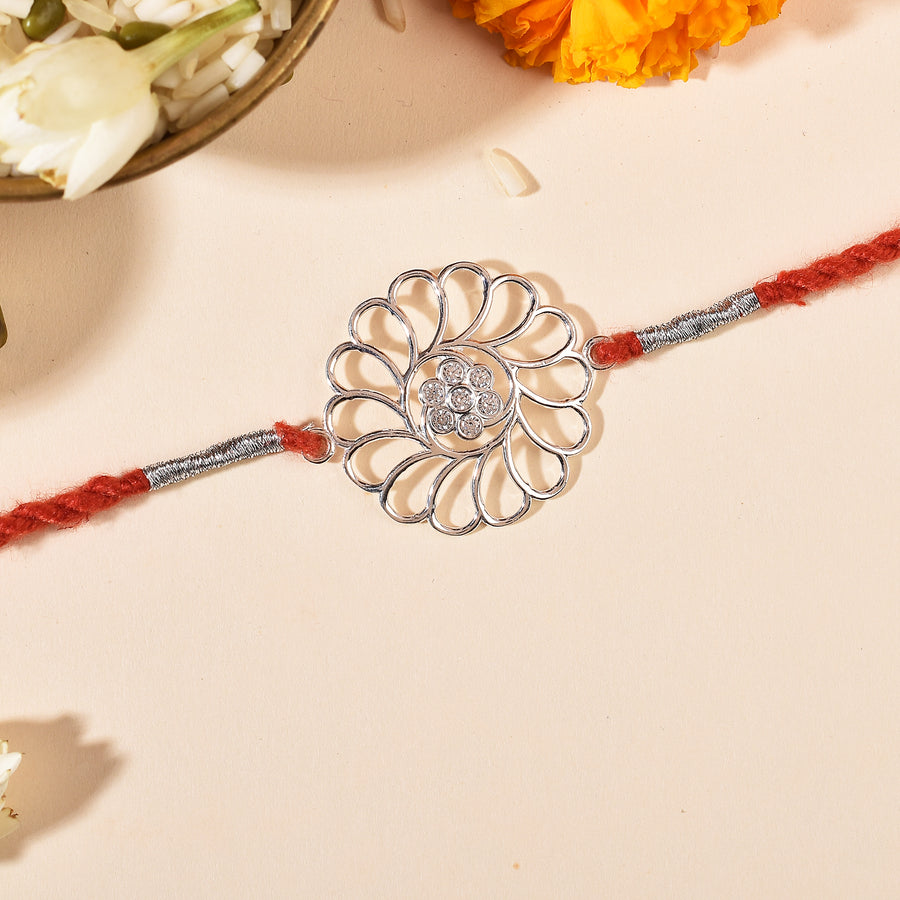 Zirconia Daisy Silver Rakhi & Bracelet Combo