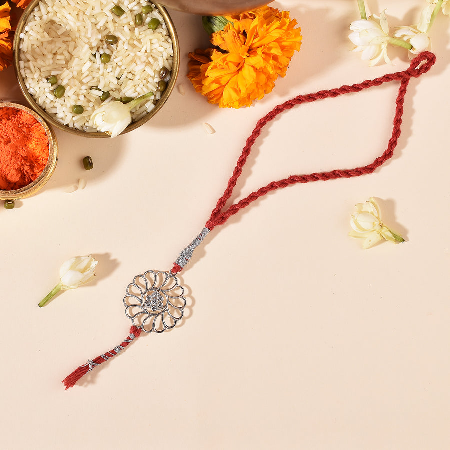 Zirconia Daisy Silver Rakhi & Bracelet Combo
