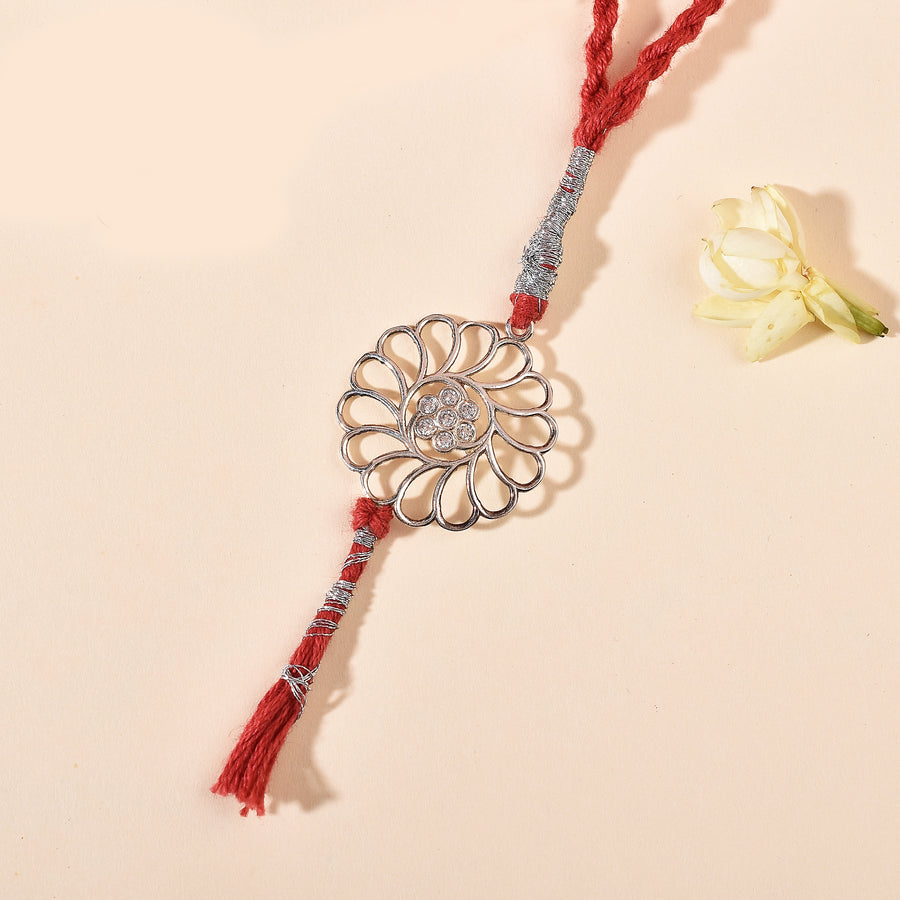 Zirconia Daisy Silver Rakhi & Bracelet Combo