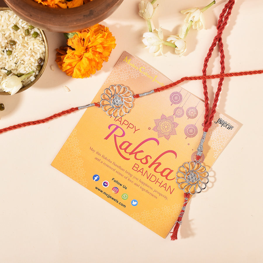 Zirconia Daisy Silver Rakhi & Bracelet Combo