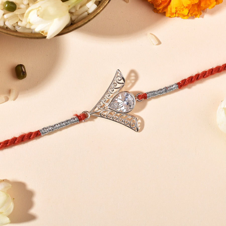 Tear Drop Zircon Silver Rakhi & Bracelet Combo