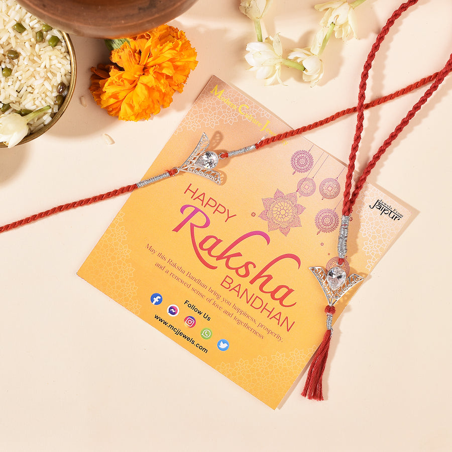 Tear Drop Zircon Silver Rakhi & Bracelet Combo