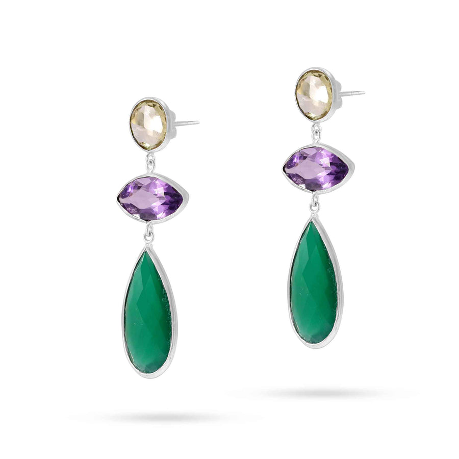 Multicolor Natural Gemstone Dangle Drop Silver Earrings