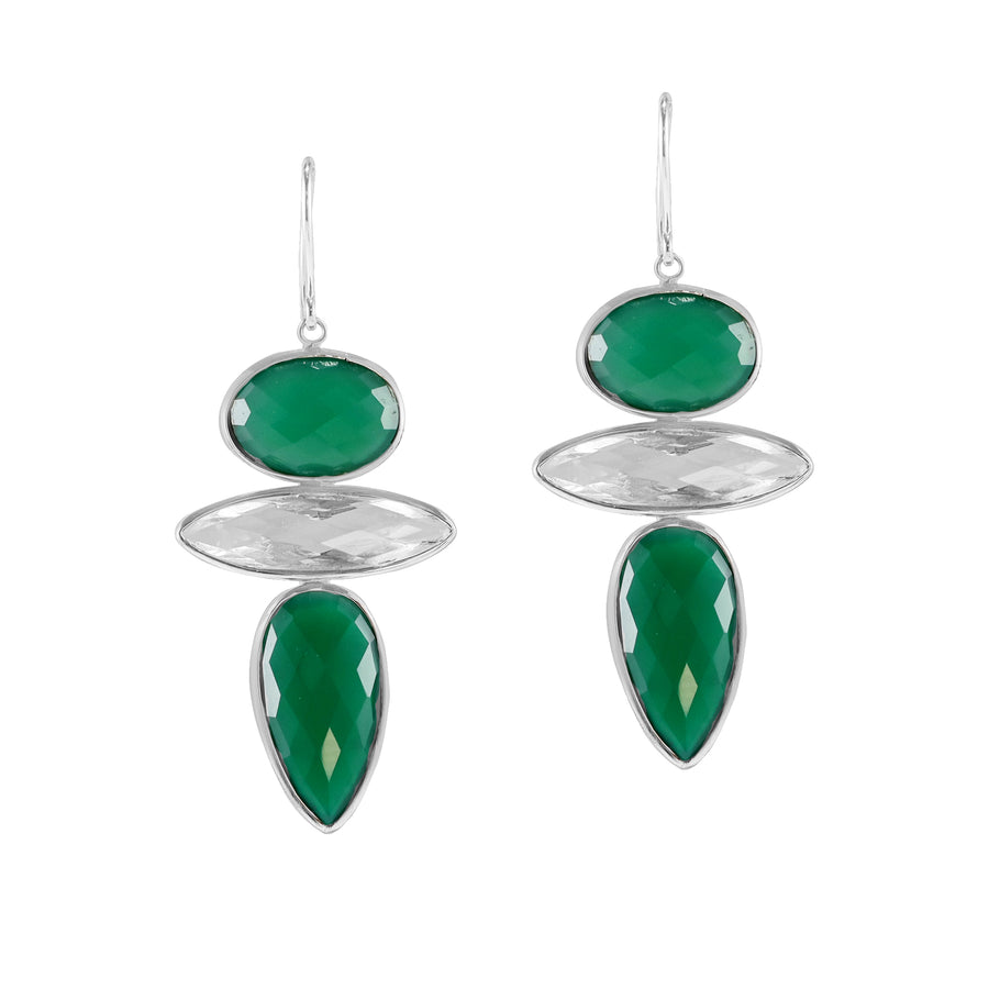 Natural Green Onyx & White Crystal Dangle Drop Earrings