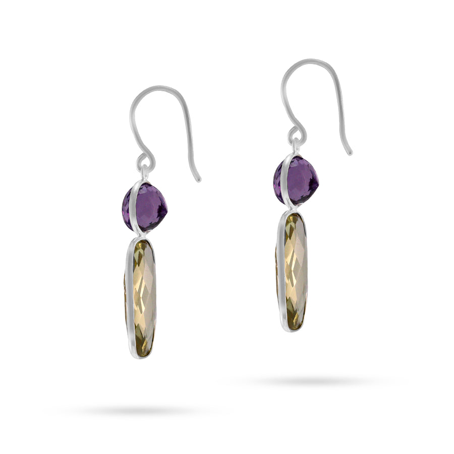 Round Amethyst & Citrine Gemstones Silver Earrings