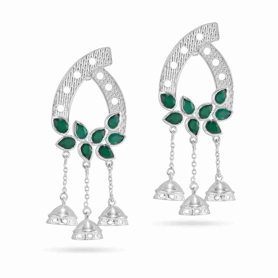 Green Onyx Silver Jhumka Bells Tassel Earrings