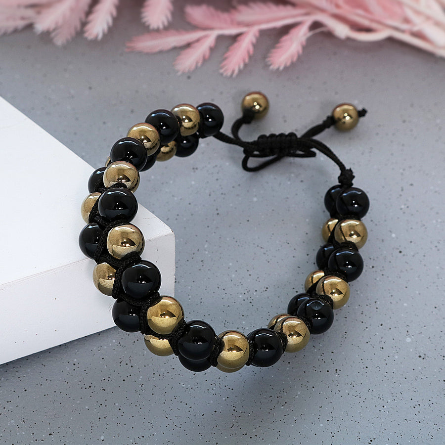 Pyrite Stone With Black Onyx Hand Knitted Stone Bracelet