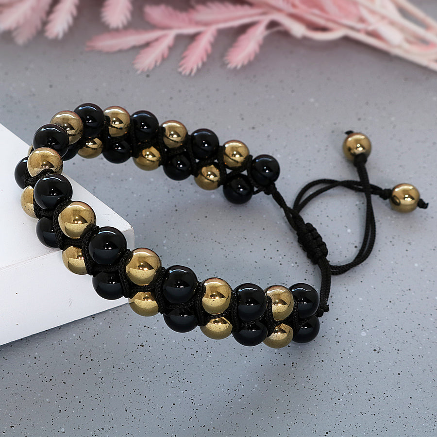 Natural Pyrite Stone With Black Onyx Double Layer Hand Knitted Beads Bracelet
