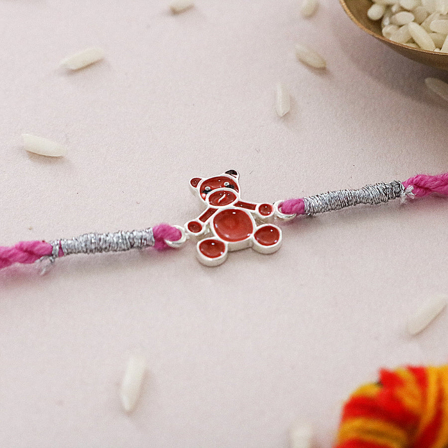 Silver Enamel Teddy Kids Rakhi