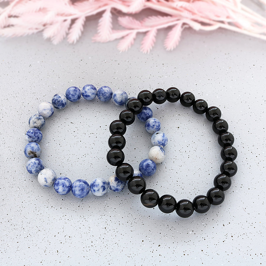 Natural Sodalite & Black Onyx Beads Bracelet 2pc Combo Set