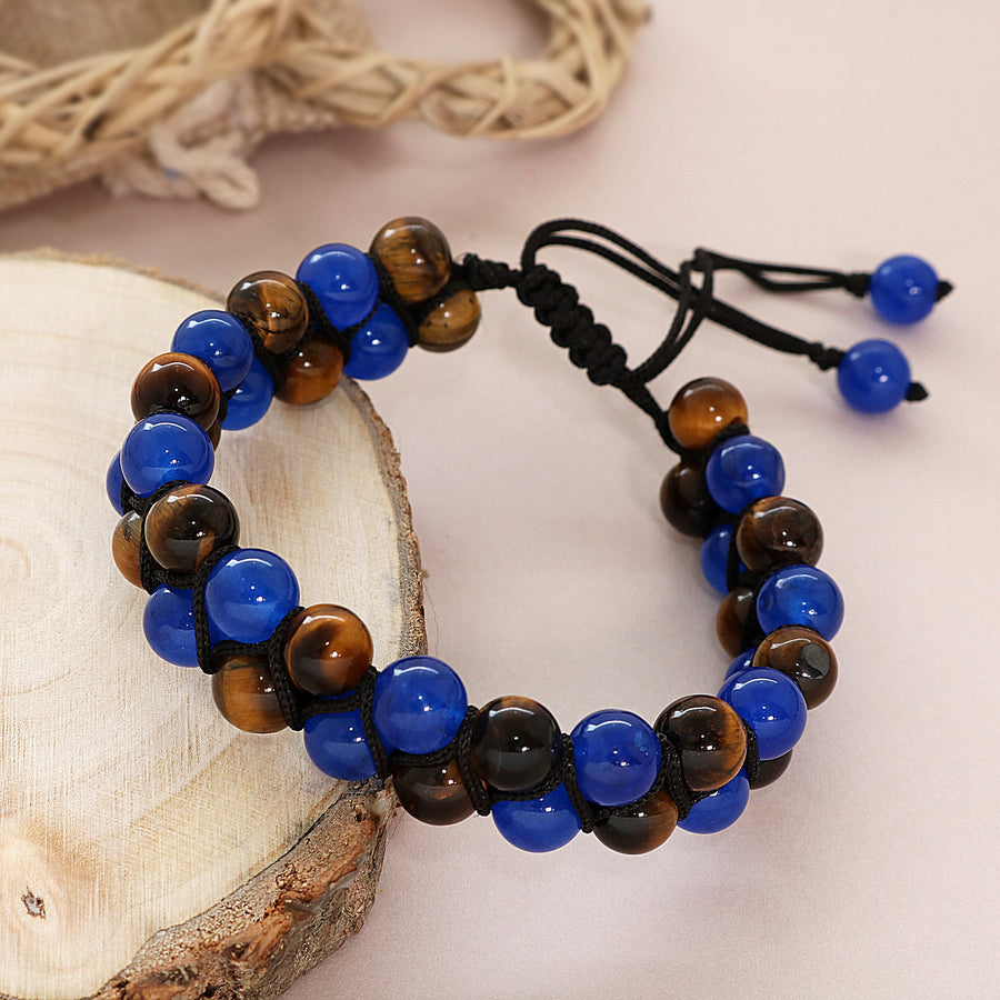  Tiger Eye and Blue Jade Double Layer Hand Knitted Stone Bracelet