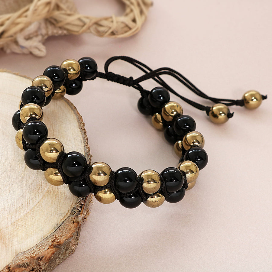 Pyrite Stone With Black Onyx Double Layer Hand Knitted Beads Bracelet