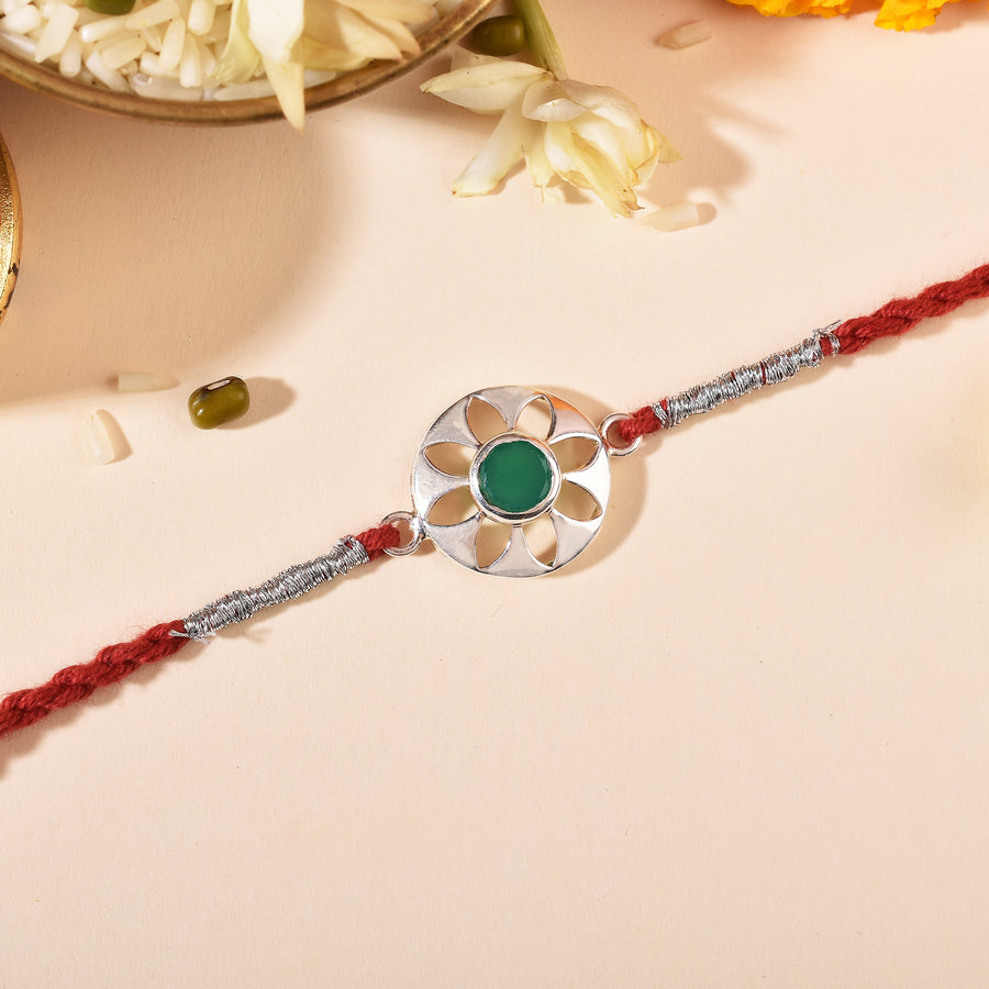Green Onyx Wheel Silver Rakhi