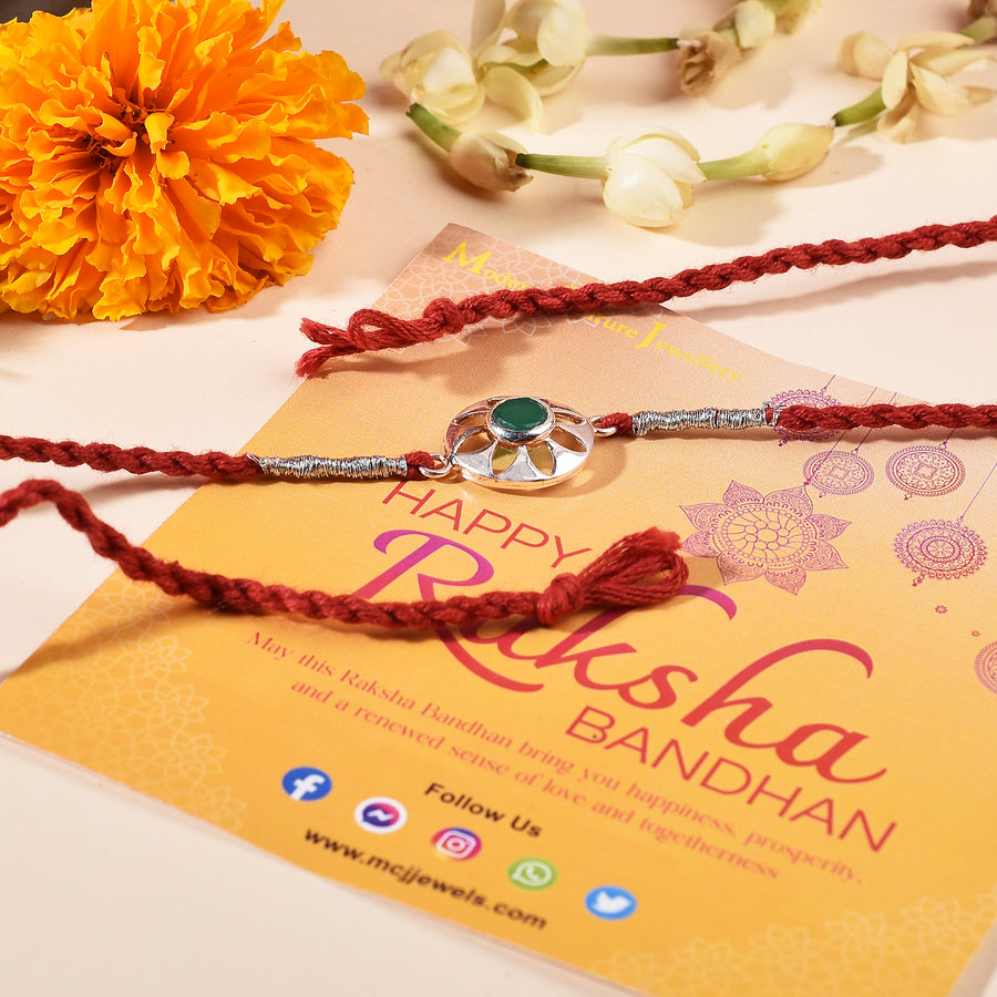 Green Onyx Wheel Silver Rakhi