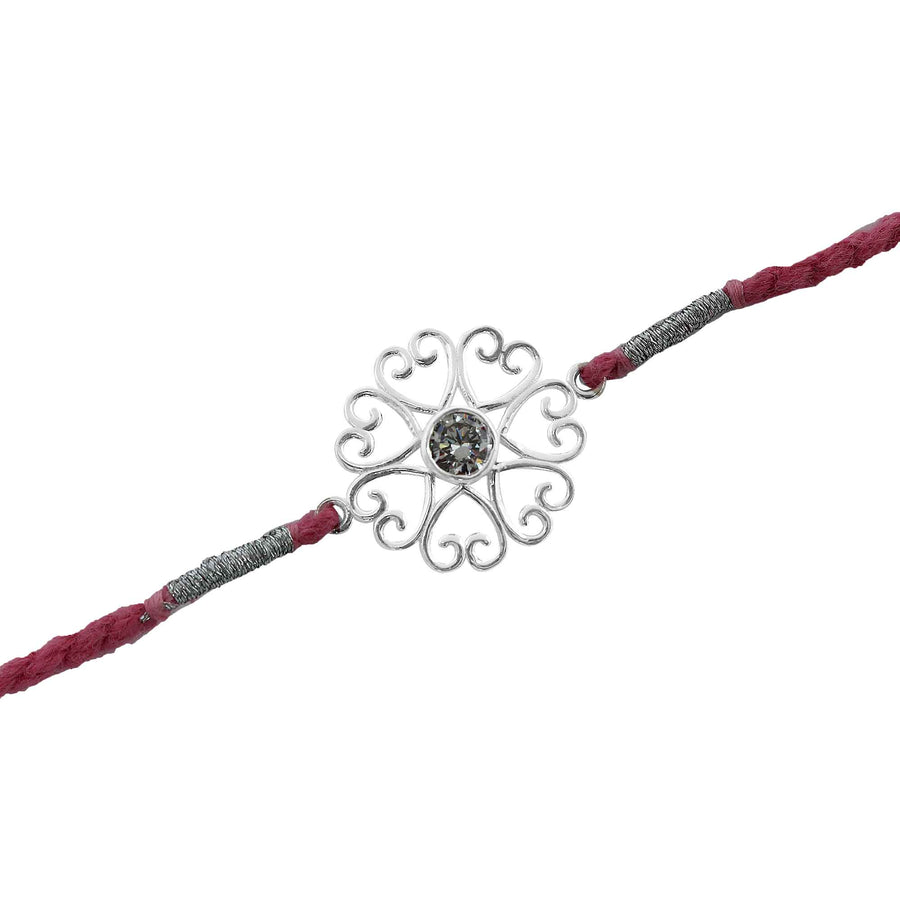 Zircon Heart Flower Silver Rakhi