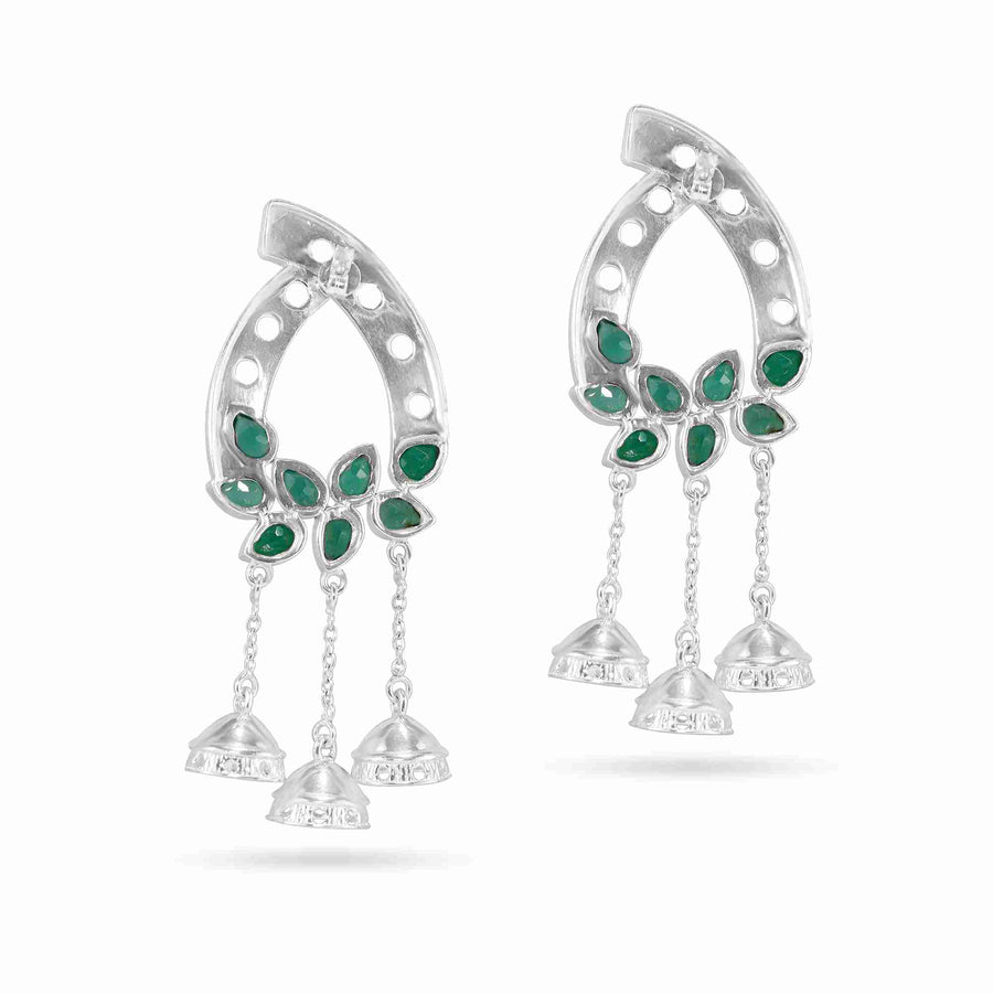 Green Onyx Silver Jhumka Bells Tassel Earrings