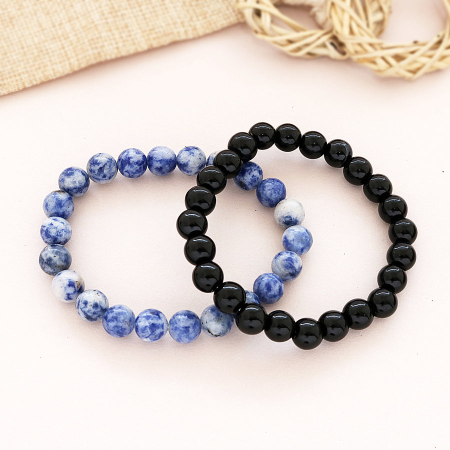 Natural Sodalite & Black Onyx Beads Bracelet 2pc Combo Set