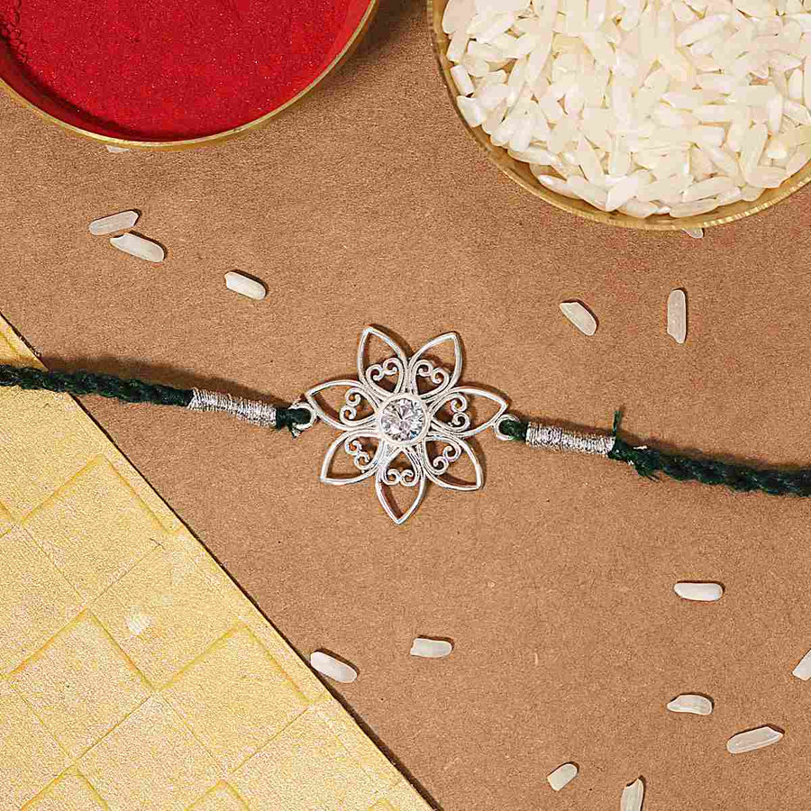 Rangoli Motif Zircon Silver Rakhi