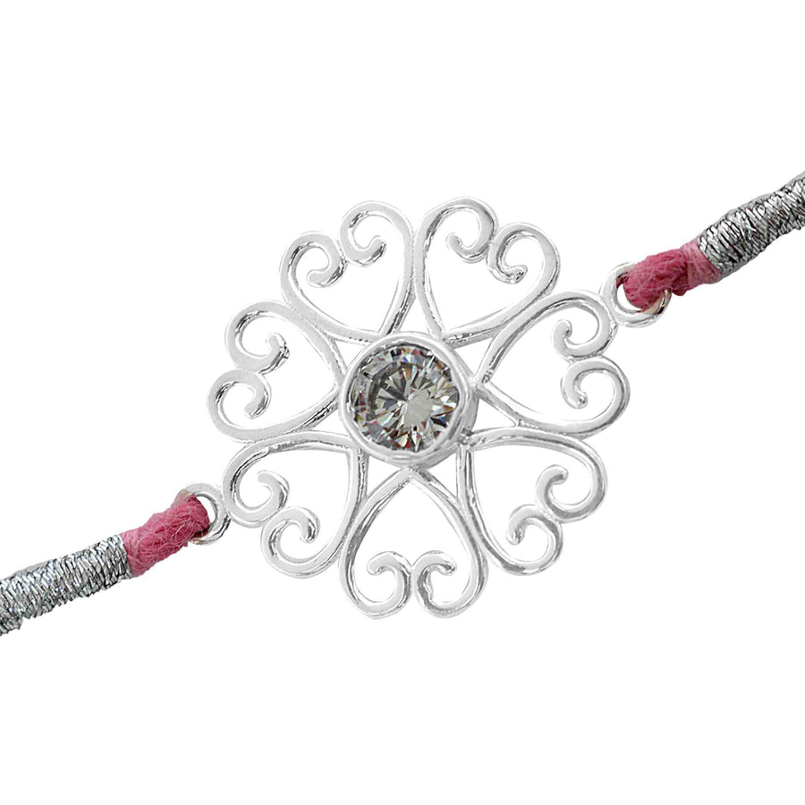 Zircon Heart Flower Silver Rakhi