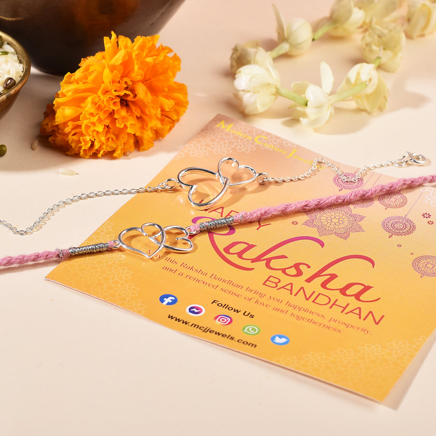 Twin Heart Silver Rakhi & Bracelet Combo
