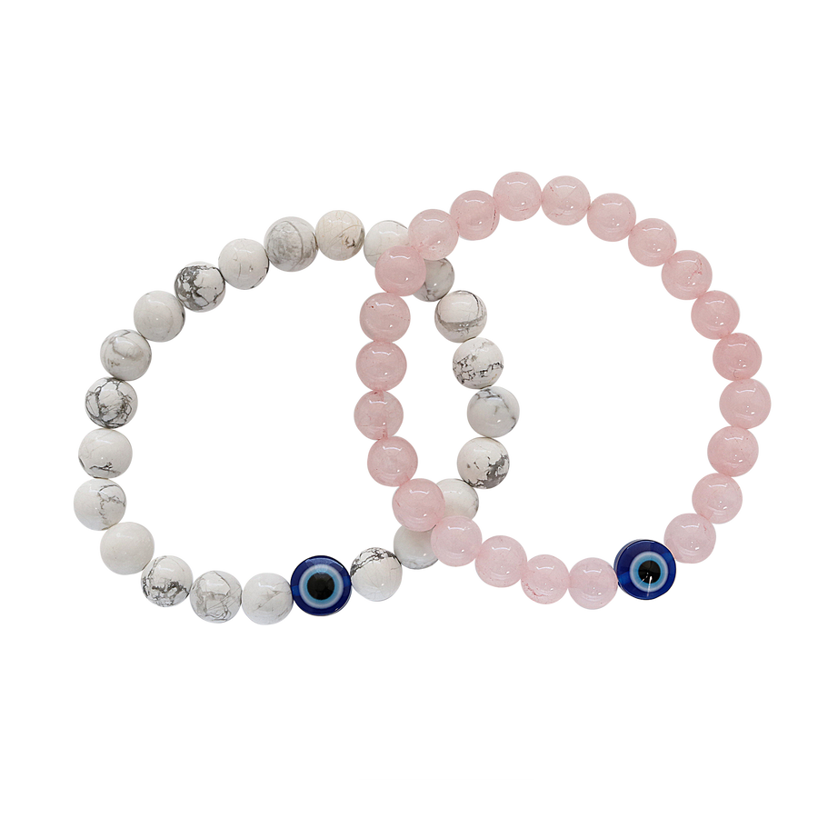 Natural White Howlite And Rose Quartz Evil Eye Beads Bracelet
