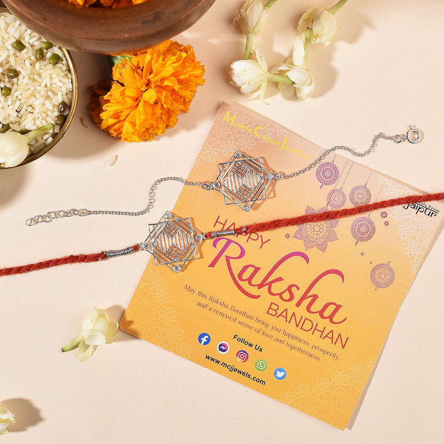 Zirconia Maze Silver Rakhi & Bracelet Combo