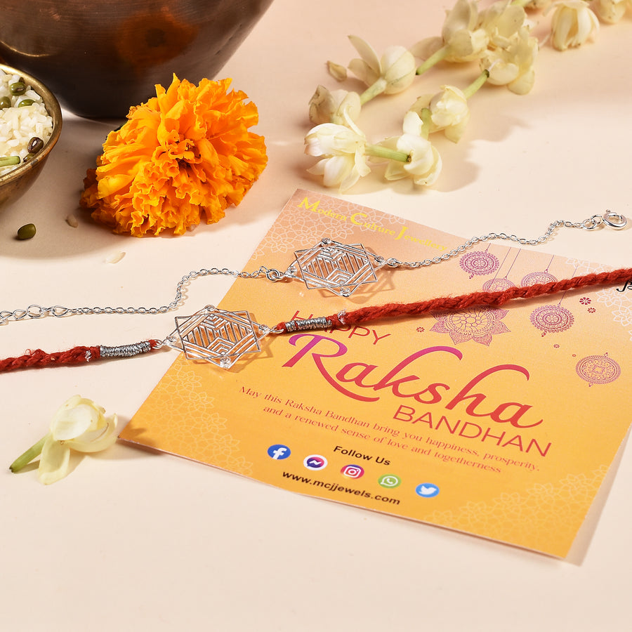 Zirconia Maze Silver Rakhi & Bracelet Combo