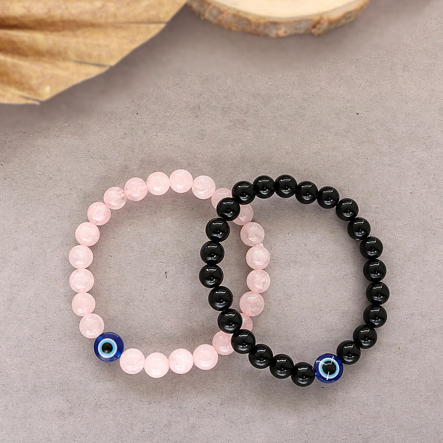 Natural Rose quartz And Black Onyx Evil Eye Beads Bracelet
