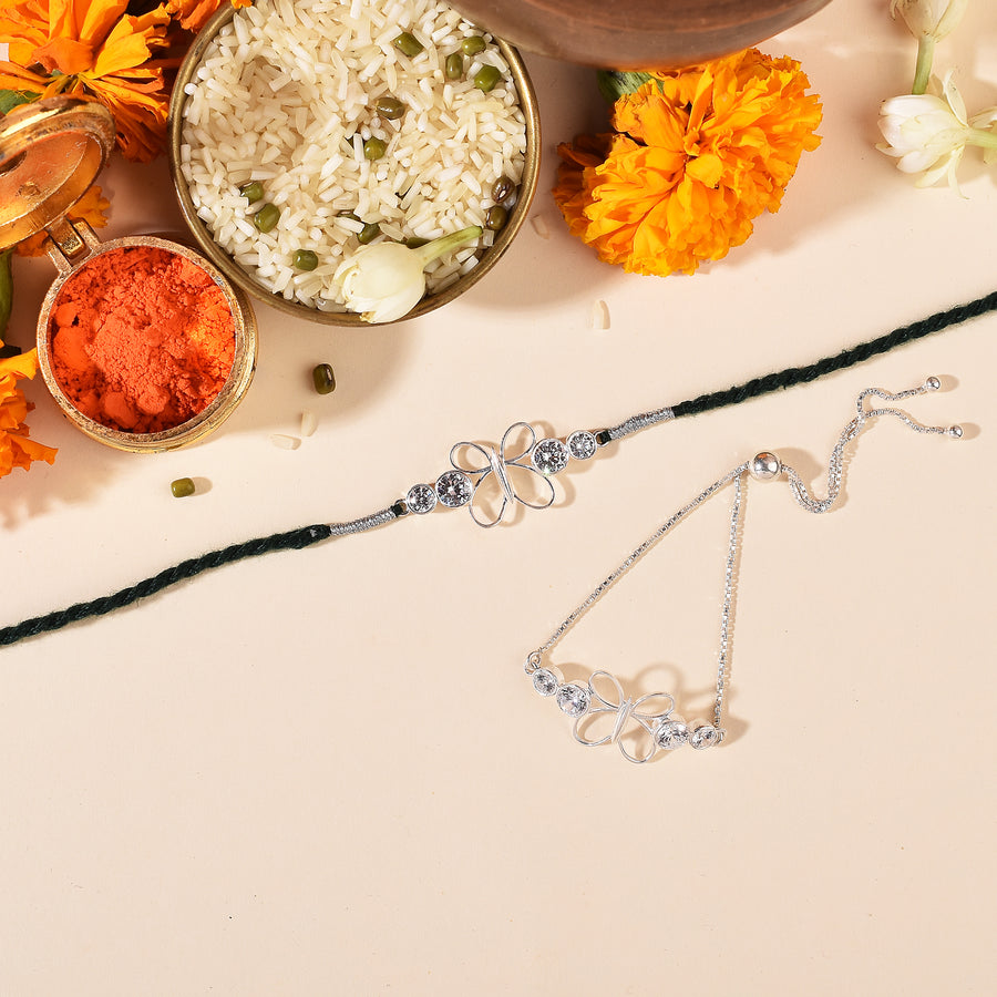 Cubic Zircon Butterfly Silver Rakhi & Bracelet Combo
