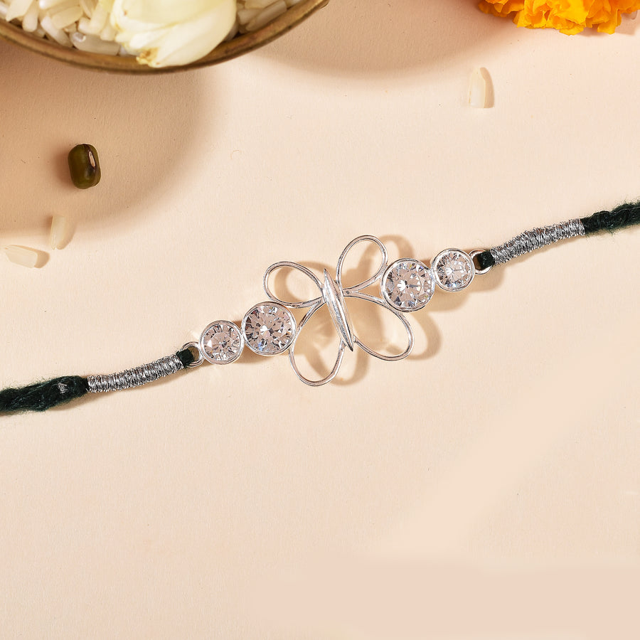 Cubic Zircon Butterfly Silver Rakhi & Bracelet Combo