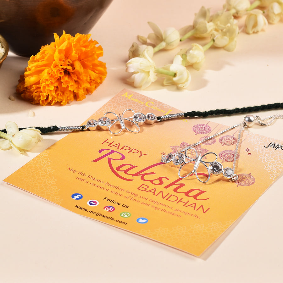 Cubic Zircon Butterfly Silver Rakhi & Bracelet Combo