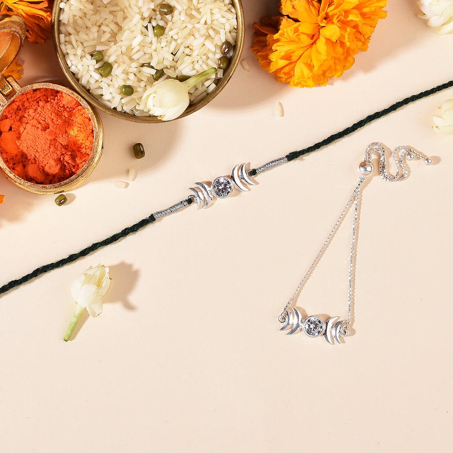Zirconia Moon Silver Rakhi & Bracele Combo