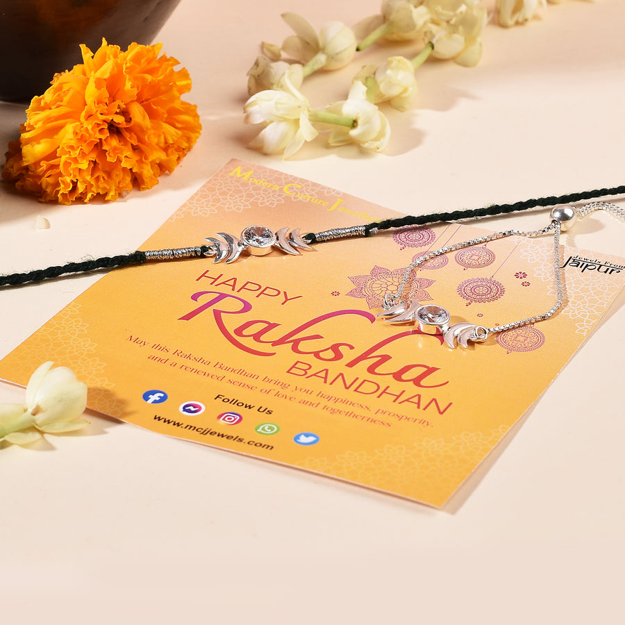 Zirconia Moon Silver Rakhi & Bracele Combo