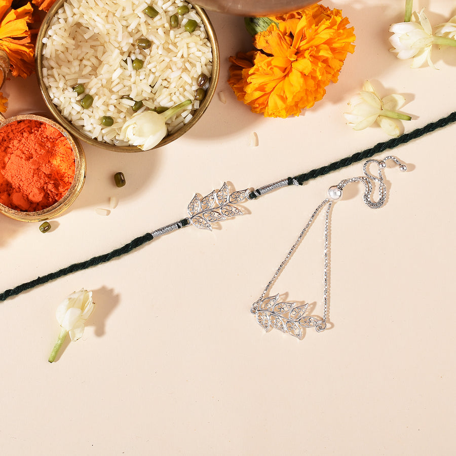 Tree Leaves Silver Rakhi & Bracelet Combo