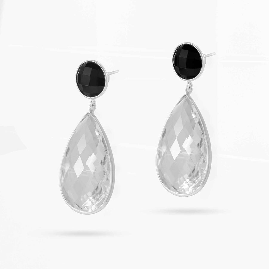 Natural Black Onyx & White Crystal Gemstone Silver Drop Earrings
