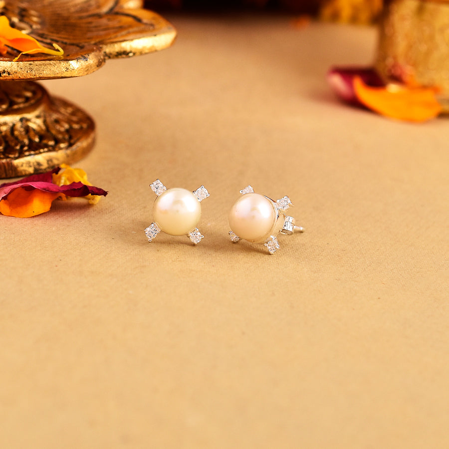 Miniature Pearl With 925 Silver Zircon Stud Earrings