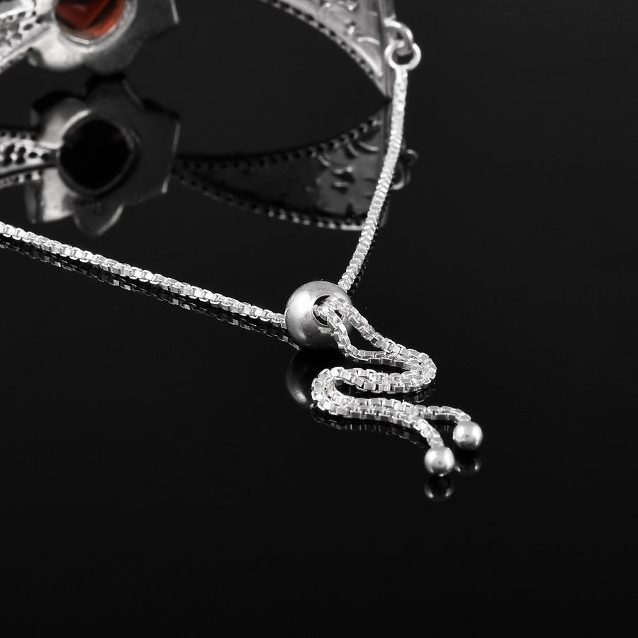 Red Garnet Blossom Cubic Zirconia Adjustable Chain Silver Bracelet