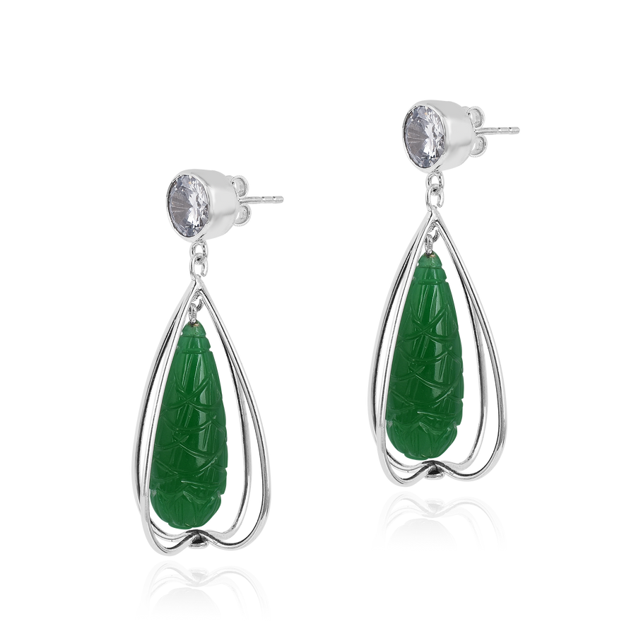 Green Carving Stone Dangle Drop 925 Silver Earrings
