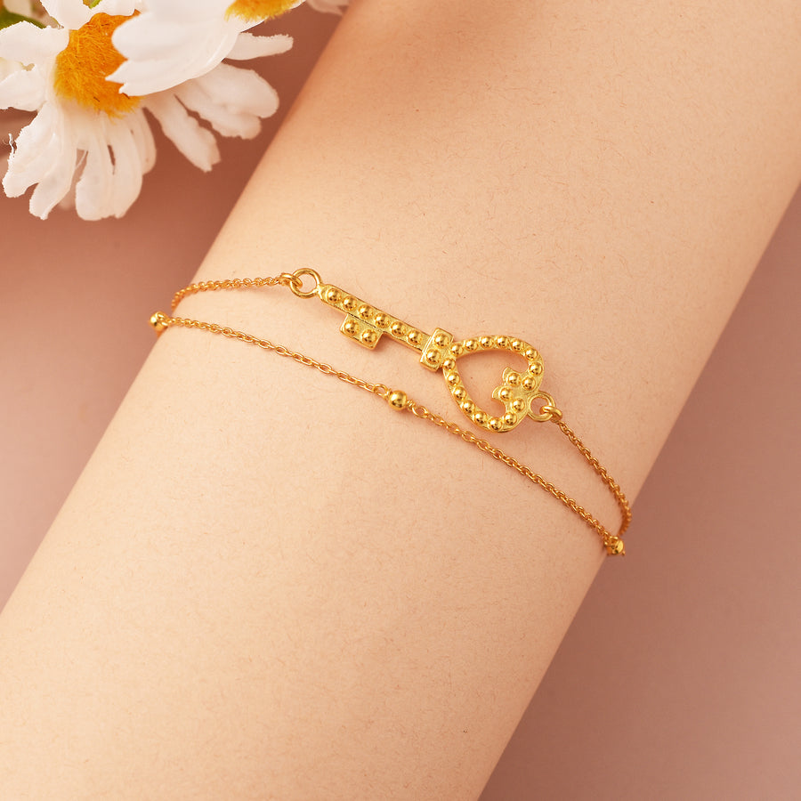 Love Key Dual Chain Gold Plated 925 Silver Bracelet