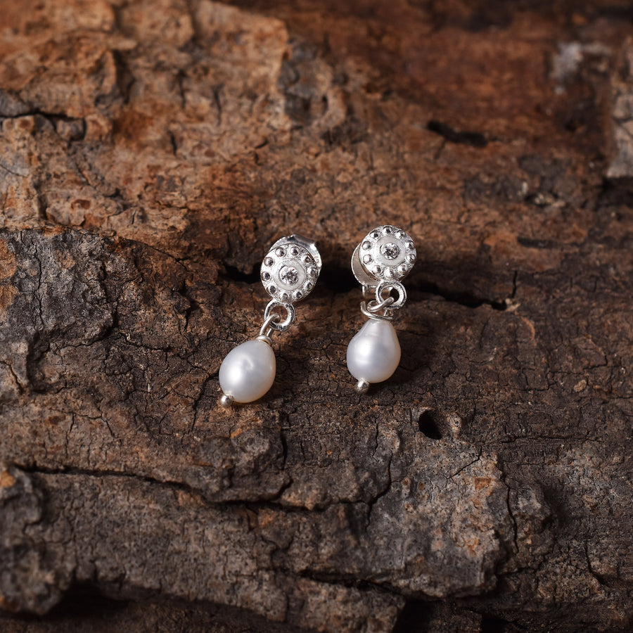 Tiny Flower Pearl Drop 925 Silver Stud Earrings