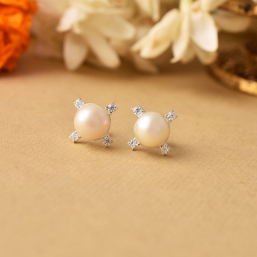 Miniature Pearl With 925 Silver Zircon Stud Earrings