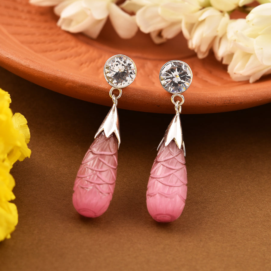 Pink Carving Stone Dangle Drop 925 Silver Earrings