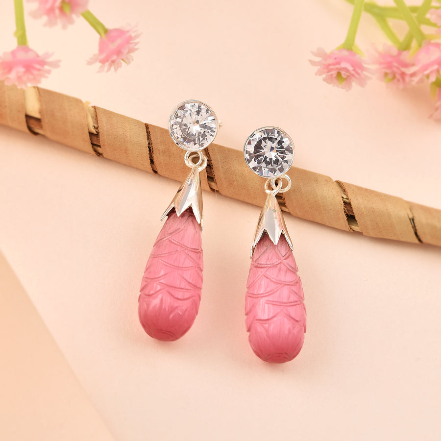 Pink Carving Stone Dangle Drop 925 Silver Earrings